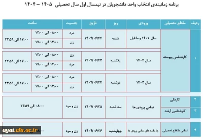 زمان بندی انتخاب واحد نیمسال اول سال تحصیلی ۱۴۰۵_۱۴۰۴ ( ترم ۴۰۴۱ )