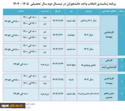برنامه زمان بندی انتخاب واحد ترم 4042

دانشجویان گرامی 
لطفا تمام موارد را تک به تک مطالعه و با آرامش و رعایت نکات انتخاب واحد کنید.